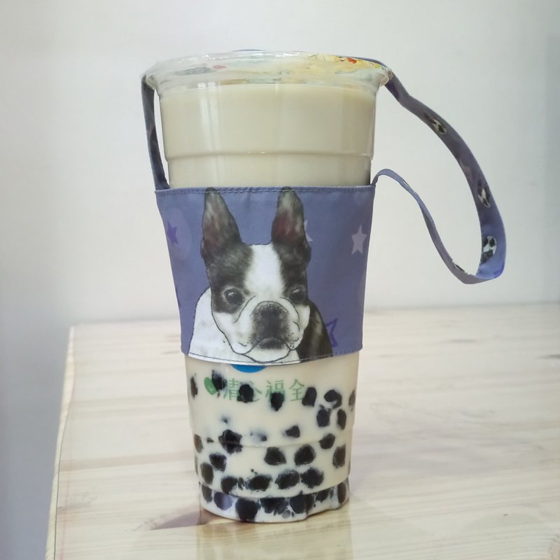 波士頓梗犬-雙面飲料杯套-狗狗素描系列~雙面飲料提袋 - 飲料提袋/杯套 - 聚酯纖維 