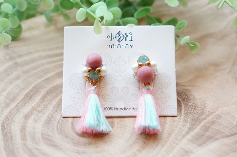Ponytail - Natural Stone Crystal Fringe Asymmetric Earrings - Pink Gemstone (Auricular Needle / Ear Clamp) - Earrings & Clip-ons - Stone Pink