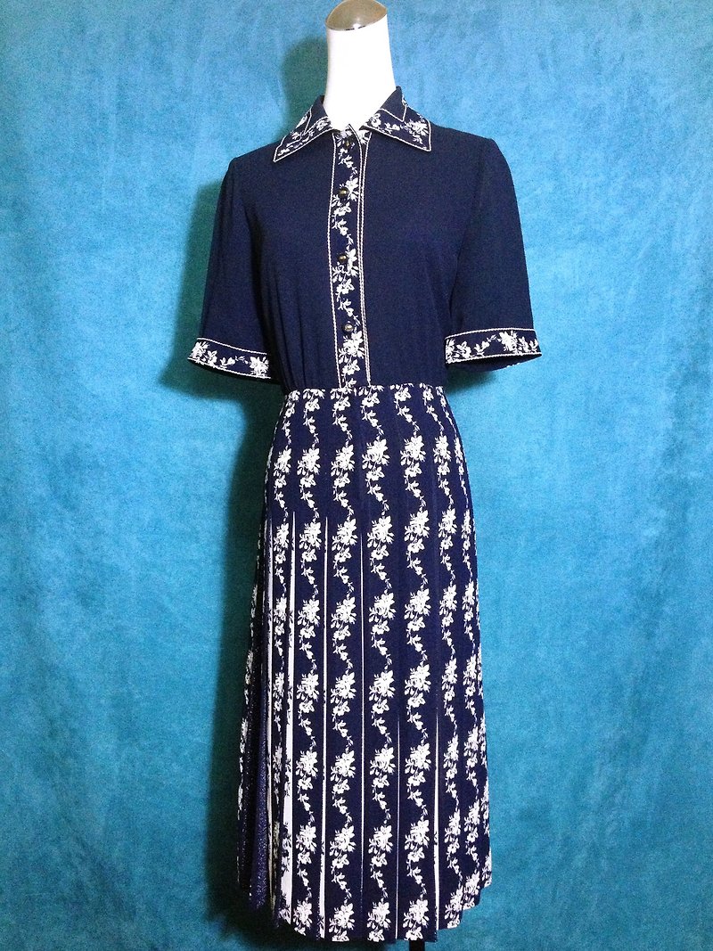 Ping-pong vintage [vintage dress / short sleeve flowers pleated chiffon vintage dress] abroad back VINTAGE - ชุดเดรส - เส้นใยสังเคราะห์ สีน้ำเงิน