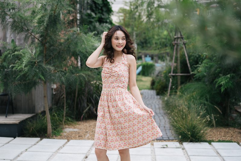 Vintage Dress Petite Floral Dress in Brown Party or Casual Wear Bridesmaid Dress - 洋裝/連身裙 - 棉．麻 卡其色