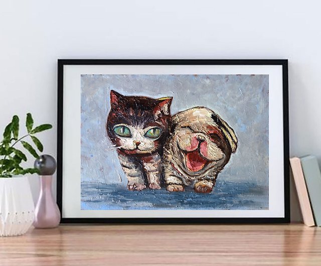 抽象猫と犬の絵画油動物ペットオリジナルアート動物アートワーク ...