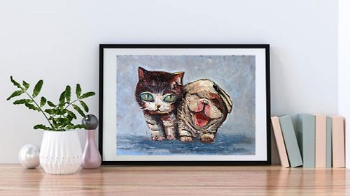 ArtshopLiliya Abstract Cat and Dog Painting Oil Animal Pets Original Art Animal Artwork Canvas