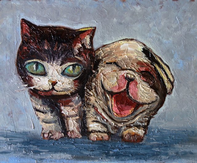 抽象猫と犬の絵画油動物ペットオリジナルアート動物アートワーク