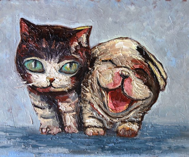 抽象猫と犬の絵画油動物ペットオリジナルアート動物アートワークキャンバス