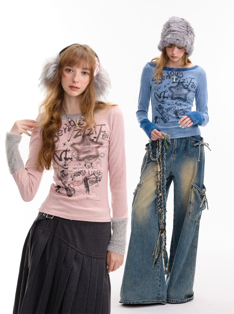 ziziFei秋冬季美式設計感修身拼接毛絨涂鴉印花圓領針織打底衫女 - 女上衣/長袖上衣 - 其他材質 