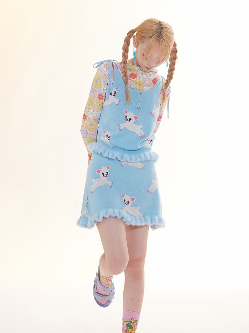 Blue lamb knitted suit plush cute skirt - Skirts - Other Materials Multicolor