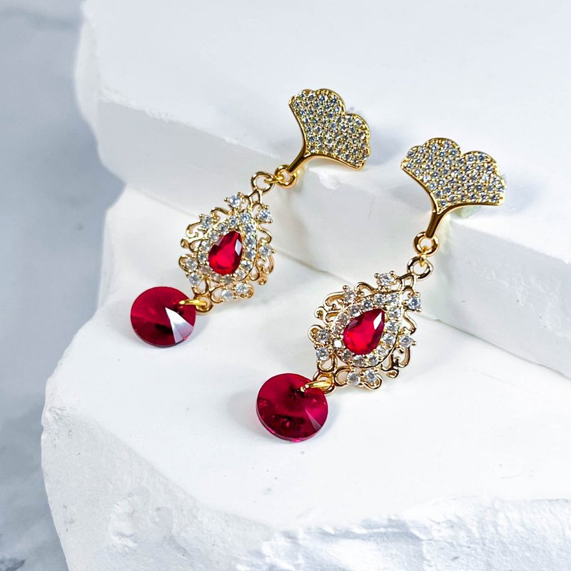 【Ginkgo Ruby】Gold Drop Earrings - ต่างหู - โลหะ 