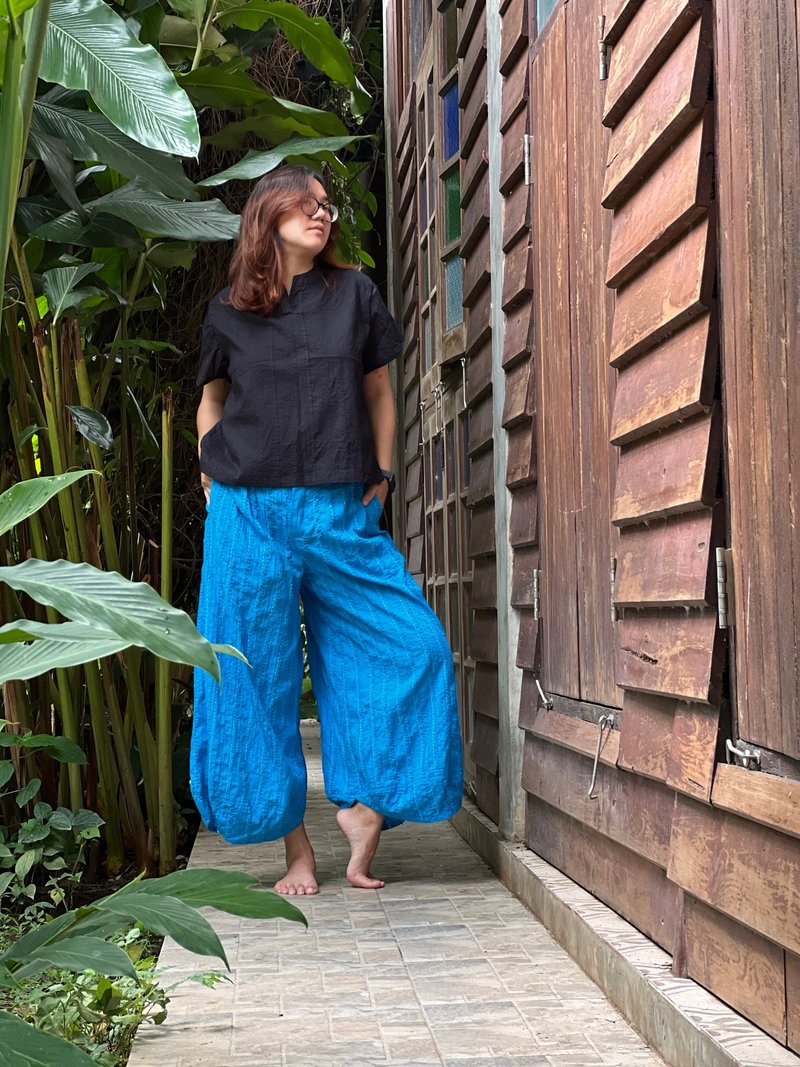 Hand Embroidered Wide Leg Cotton Pants - Green Relaxed Fit - 中性長褲/短褲 - 棉．麻 