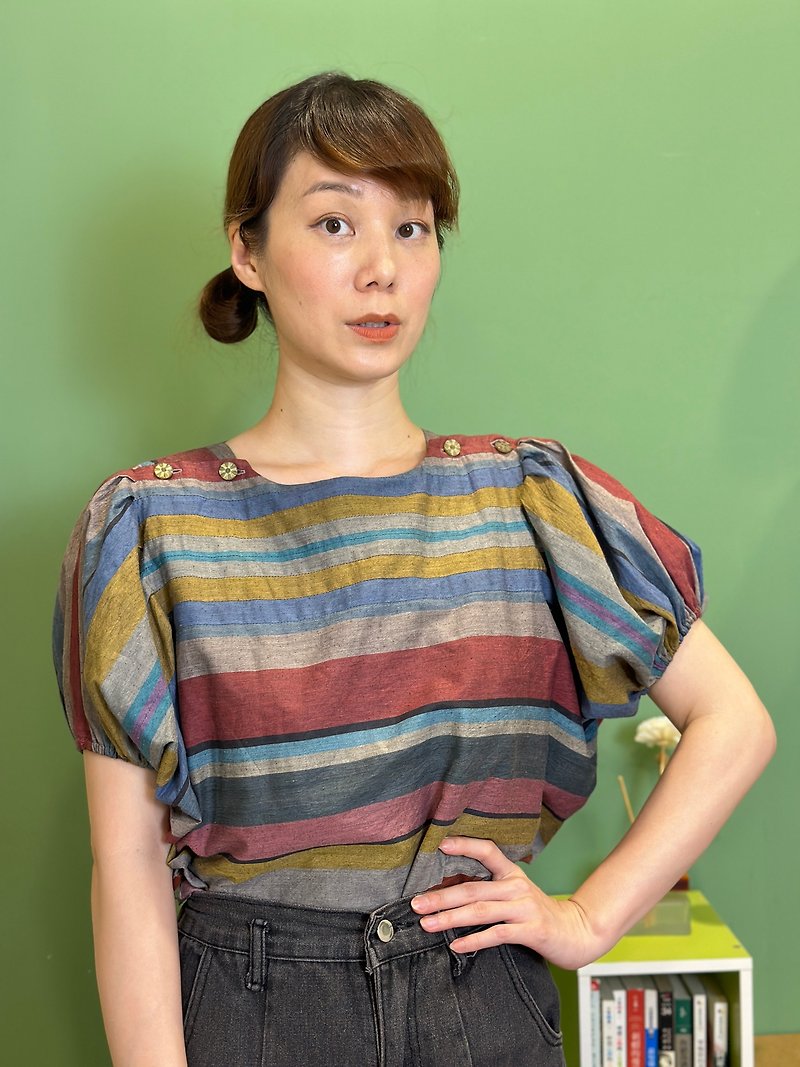 Color striped puff sleeve cotton top - เสื้อผู้หญิง - ผ้าฝ้าย/ผ้าลินิน หลากหลายสี