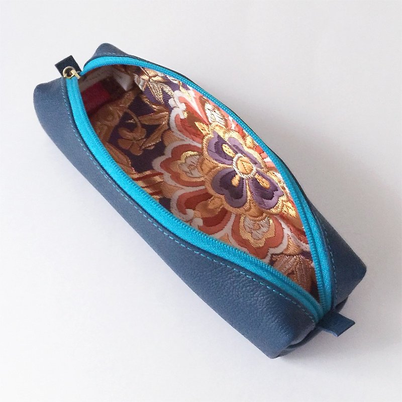 Leather pen case with Japanese Traditional pattern, Kimono "Obi" - กล่องดินสอ/ถุงดินสอ - หนังแท้ สีน้ำเงิน