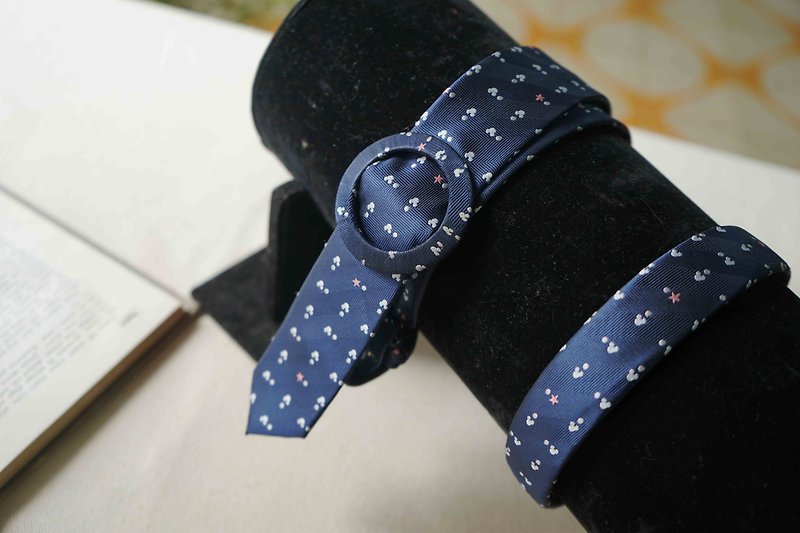 Antique Tie Reworked Belt - Disney Disney Embroidered Mickey Head - Dark Blue
