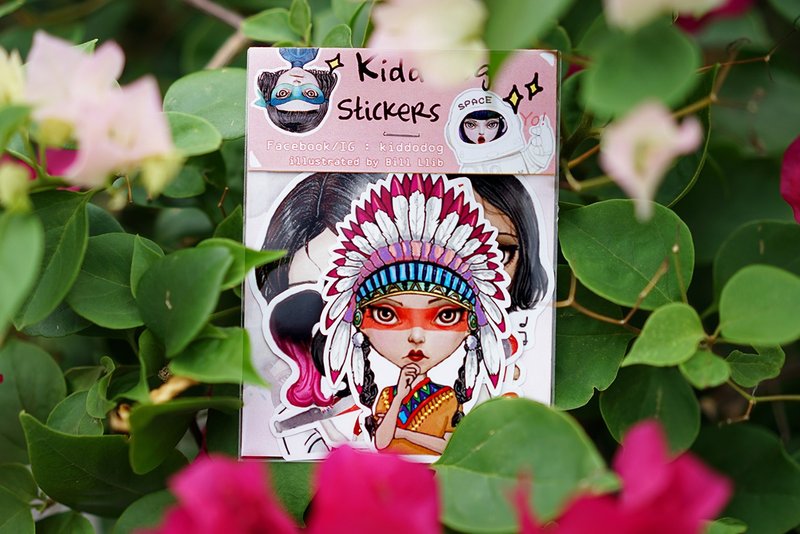 Kiddodog Sticker Pack - Set of 6 - Kawaii girl Character - Cute stickers - Leia - Harley Quinn - Native American - Cinderella - Tahiti. - 貼紙 - 紙 
