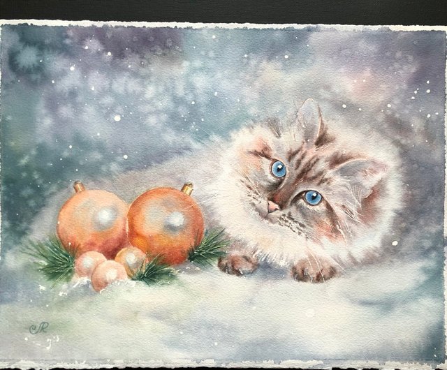 猫 絵画 水彩 透明水彩 春 桜 梅の花 肉筆 風景画 ボタニカル