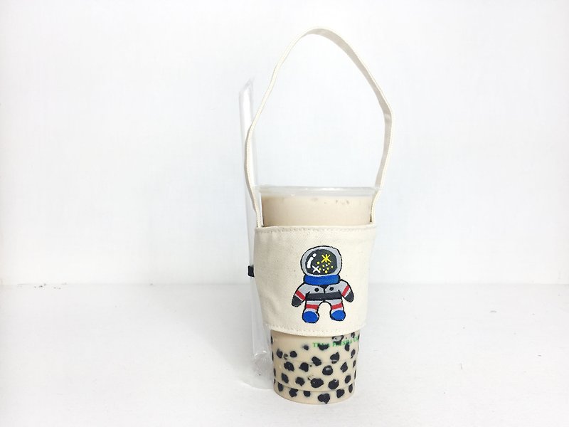 火箭太空人杯套/飲料杯袋 手工客製禮物 - 飲料提袋/杯袋/杯套 - 棉．麻 白色