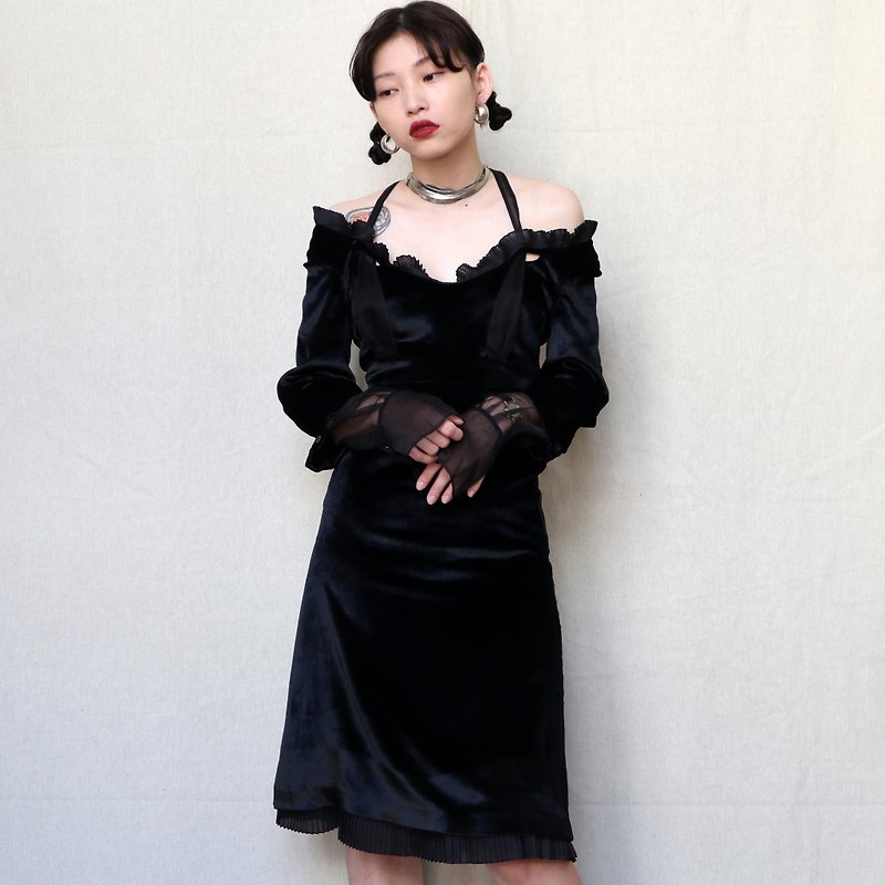 Pumpkin Vintage. Celine French-made black lace-up backless sexy silk dress - ชุดเดรส - ผ้าไหม สีดำ