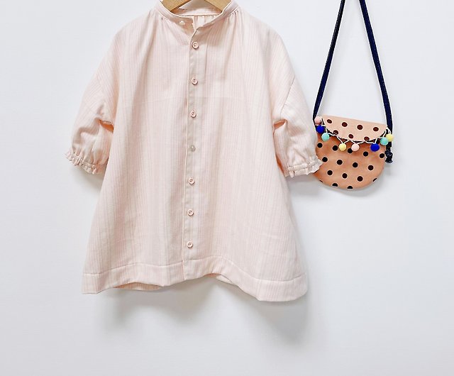 手作り子供服暖かい女の子ピンクストライプスタンドカラードロップショルダーパフスリーブシャツドレス ショップ Janeshandicraft キッズドレス Pinkoi