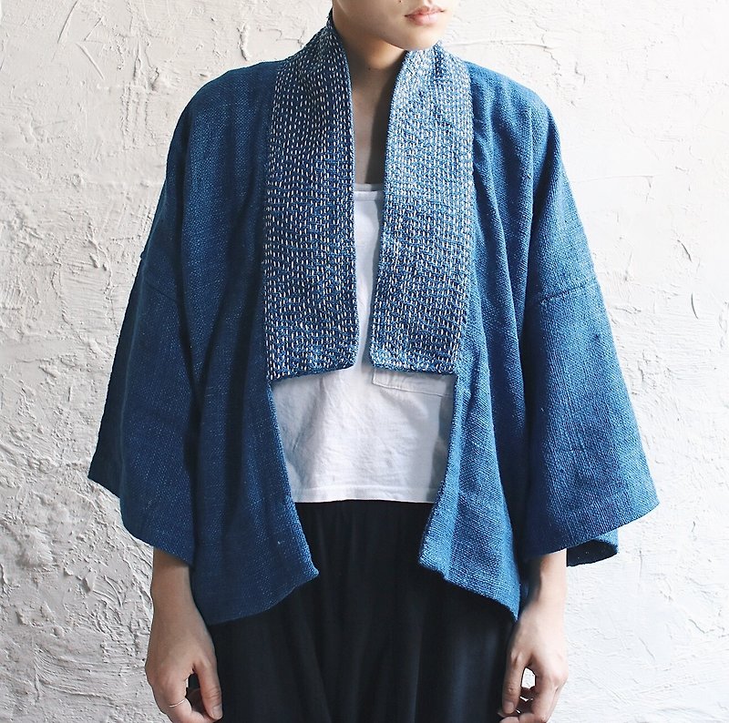 Omake手工縫線寬袖手織布外套(藍底白線) - 外套/大衣 - 棉．麻 藍色