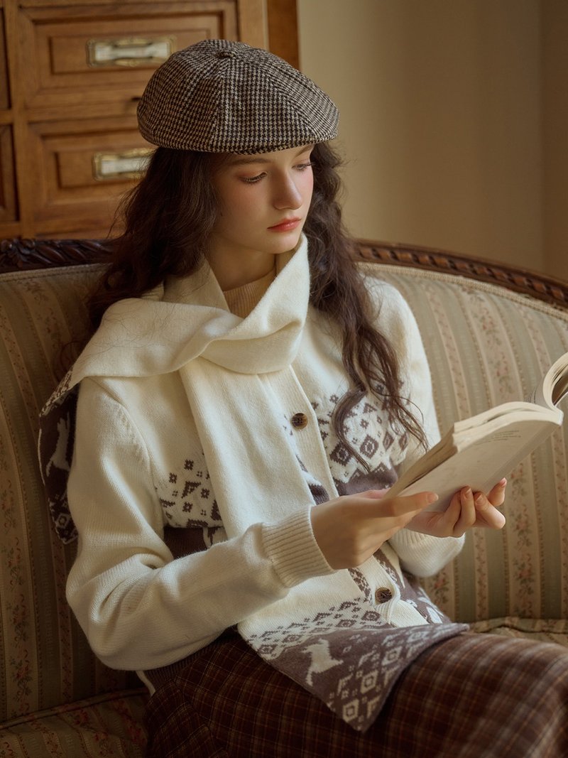 Giana Jacquard Fair Isle Wool Cardigan with Scarf - Women's Tops - Wool Brown