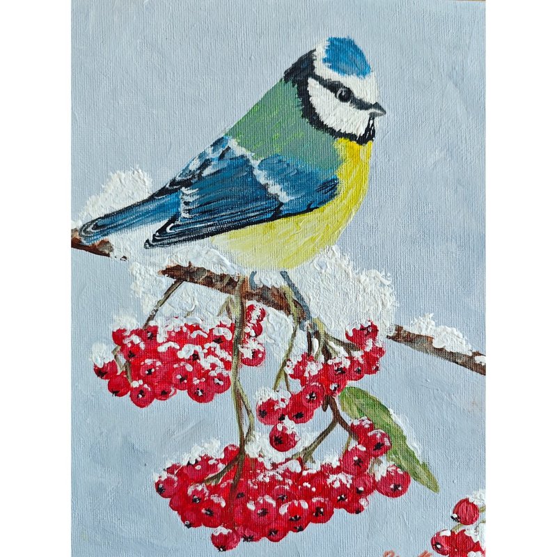 Tit Bird Winter Painting Original Art Christmas Home Decor By RinaArtSK - Wall Décor - Other Materials Multicolor