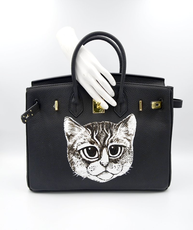TIMBEE LO X GOOKASO designer hand-painted cat pattern top layer cowhide handbag bag - Handbags & Totes - Genuine Leather Black
