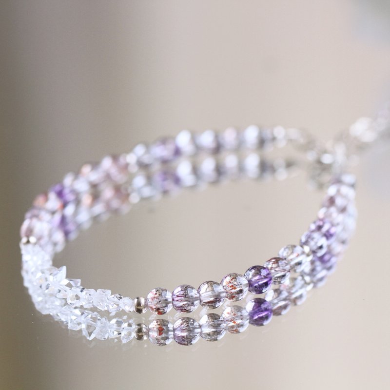 Ice-penetrating Little Super Seven Shining Diamond Herkimon super-powerful all-round crystal bracelet to ward off evil, safe and healthy - สร้อยข้อมือ - คริสตัล สีม่วง