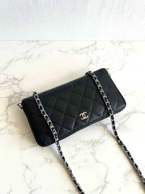 LA LUNE Vintage 日本鑑證古董品選物店 中古二手Chanel黑色魚子醬皮革WOC長夾錢包斜背側孭單肩小包手袋