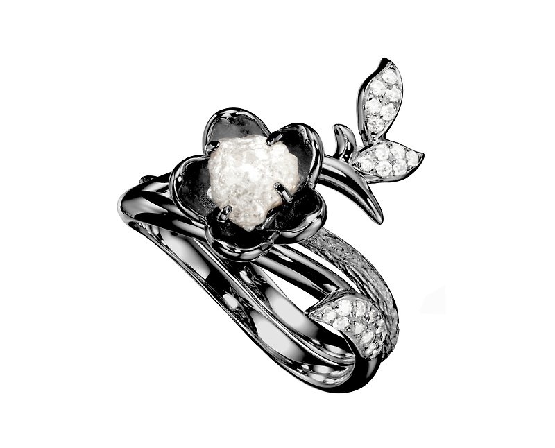 14k gold flower raw uncut white diamond plum engagement & wedding ring band set - แหวนคู่ - เพชร สีดำ