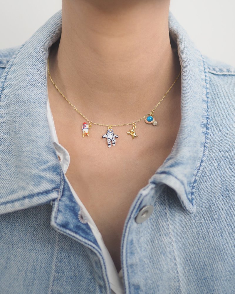 Space Walker Charms Necklace - Astronaut, Rocket, Orbit and Star charms - 項鍊 - 純銀 金色