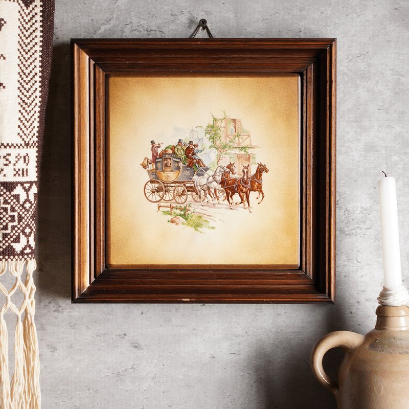 Vintage ceramic decorative wall tile in solid wooden frame - โปสเตอร์ - ดินเผา หลากหลายสี