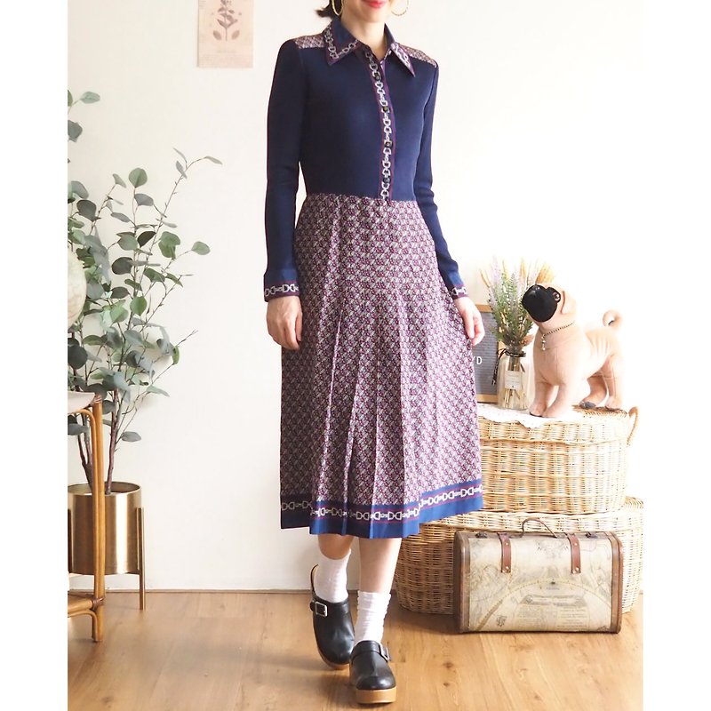 VINTAGE navy dress, Rope pattern and a graphic print (S-M) - 洋裝/連身裙 - 聚酯纖維 