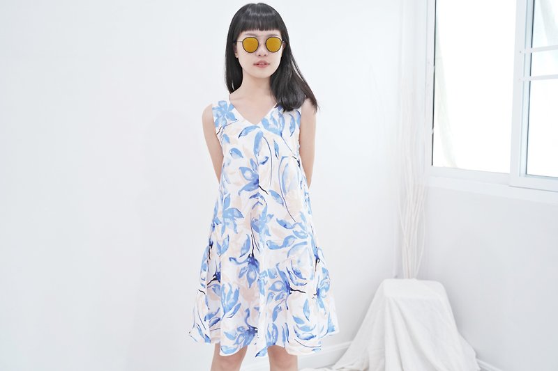 Mini A-dress Linen Fabric (Blue Flora) - One Piece Dresses - Cotton & Hemp Blue