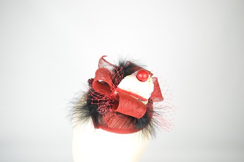 Elle Santos Headpiece Cocktail Hat Cherry Vintage Cake, Raspberries, Cascading Feathers Veil