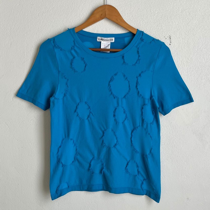 Hiroko Koshino Cotton Blue T-shirt - เสื้อยืดผู้หญิง - ผ้าฝ้าย/ผ้าลินิน 