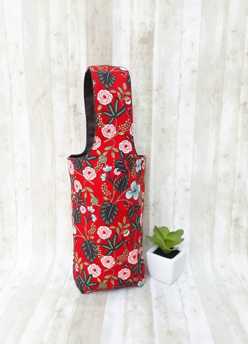   【冰霸杯提袋】繽紛花卉-日韓布料 - 杯袋/飲料提袋 - 棉．麻 紅色
