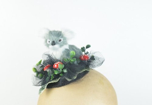 Elle Santos Headpiece Fascinator with Cute Koala, Bright Red Mushrooms & Black Tulle Veil