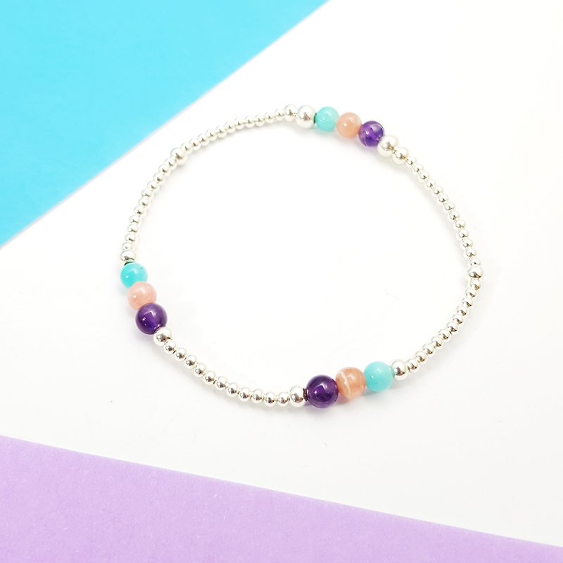 Xizizi Pebbles~Amethyst_Rhodochrosite_Tianhe Stone Sterling Silver Elastic Bracelet - Bracelets - Gemstone Multicolor