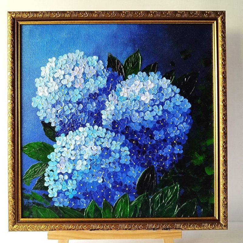 Hydrangea painting Bouquet original painting Blue flowers 油畫 Wall decoration 藍染 - ตกแต่งผนัง - อะคริลิค สีน้ำเงิน