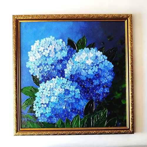 油絵(青い花) ハイドレンジア】F8 絵画 油絵 キャンバス 青 ブルー 花