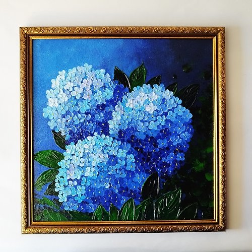 アジサイの絵 花束原画 青い花 油絵 壁飾り 藍染 - ショップ 