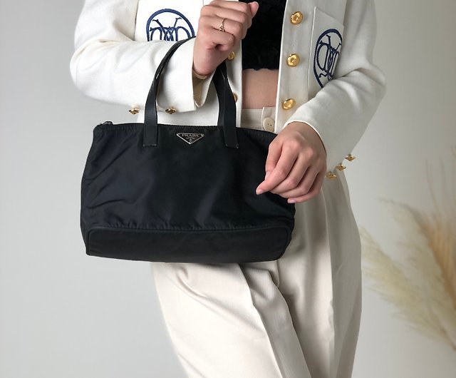 PRADA Triangle Logo Nylon Tote Bag Shoulder Bag Black Vintage Old
