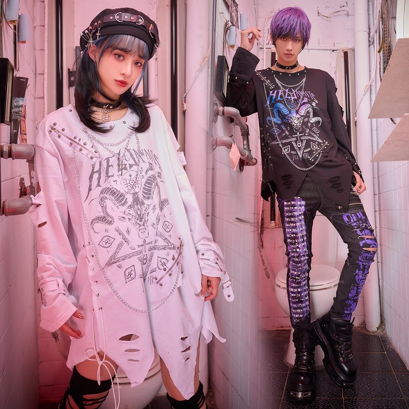 原創龐克風地獄巴風特割破漸層感不規則長袖T恤多重鐵鍊【JJ2554 - 男 T 恤 - 棉．麻 