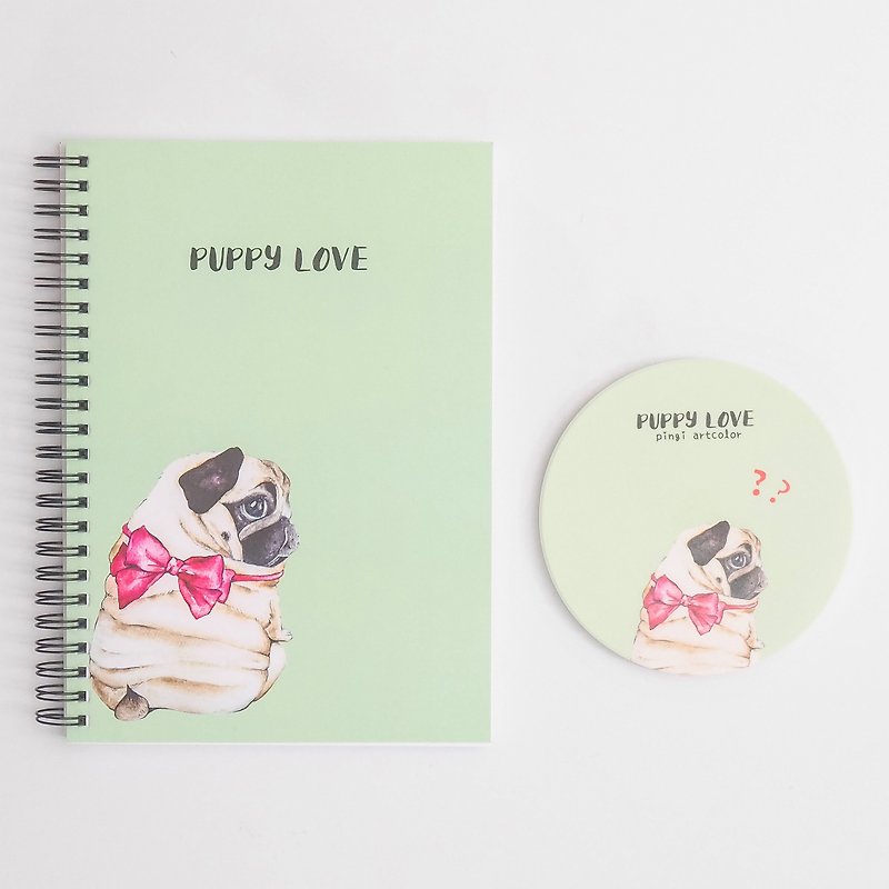 Pug A5 coil notebook + ceramic coaster sets パグPOPPY LOVE - Notebooks & Journals - Paper Green