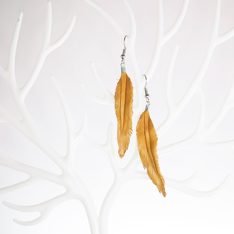 Leather Crave Earring Feather design - Golden Rod - Earrings & Clip-ons - Genuine Leather Yellow