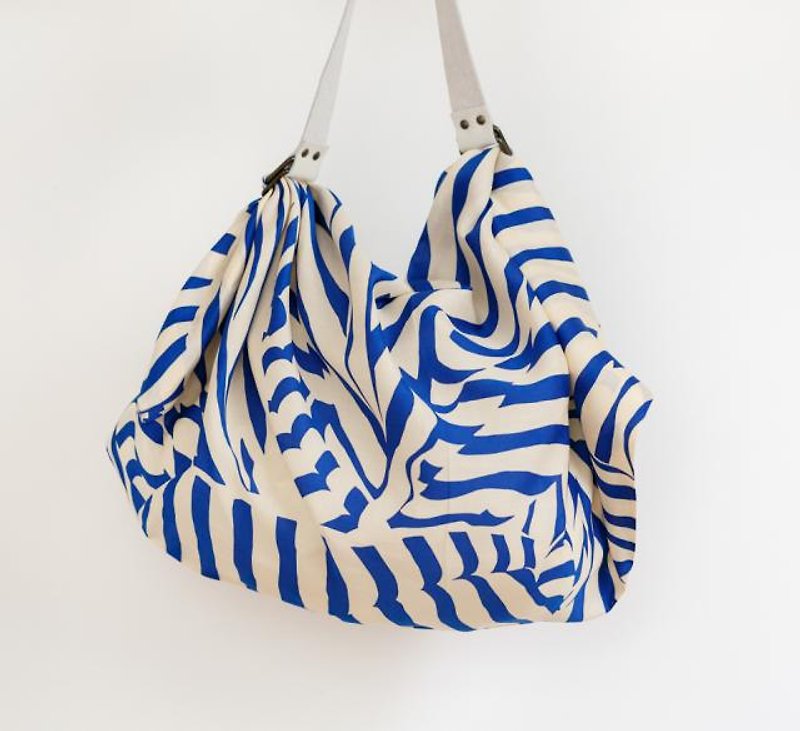 Stripe Navy & White leather carry strap set - Messenger Bags & Sling Bags - Cotton & Hemp Blue