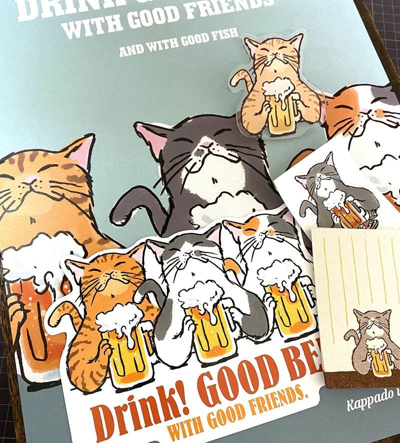 限定セット　猫がビール - 貼紙 - 紙 藍色