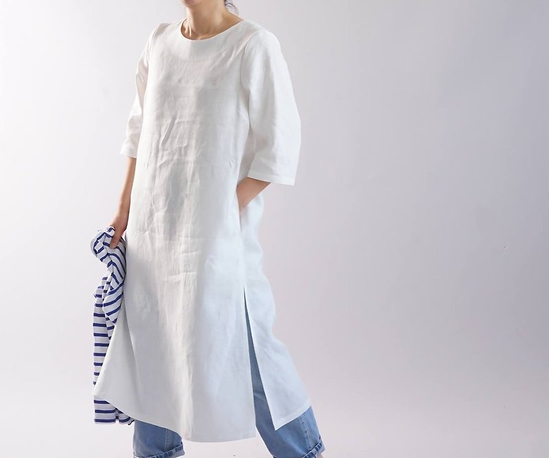 wafu - 純亞麻洋裝 Midweight Linen Slit Dress / White a032f-wht2 - ชุดเดรส - ลินิน ขาว