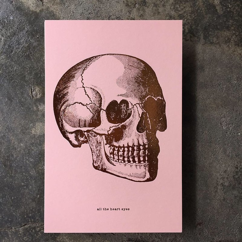 Postcard - All the heart eyes Skull - Pink Stamped Bronze Gold - Cards & Postcards - Paper Pink