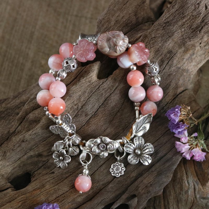 Handmade Apricot Agate and Agate Carved Fox Flowers Bracelet with Karen Silver - สร้อยข้อมือ - เงินแท้ สึชมพู