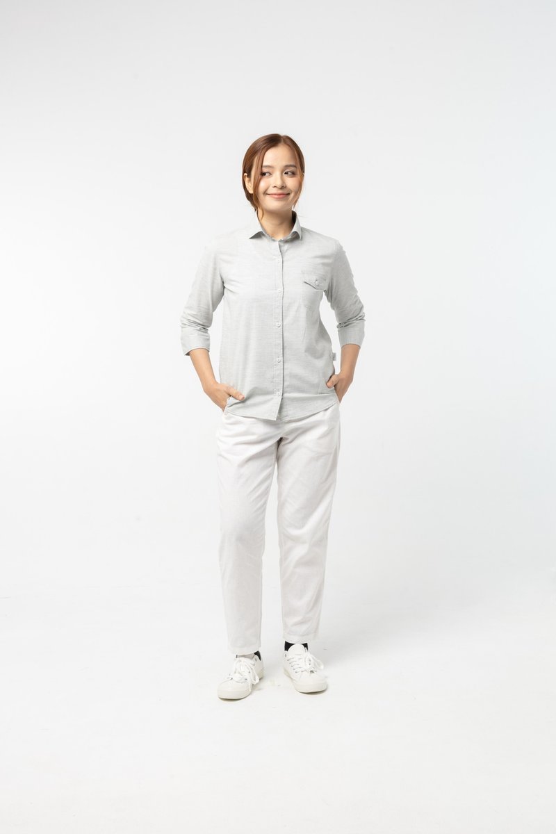 M.Grey Shirt : 3/4 sleeve (Grey, เทา) 長袖襯衫 - 男襯衫/休閒襯衫 - 棉．麻 灰色