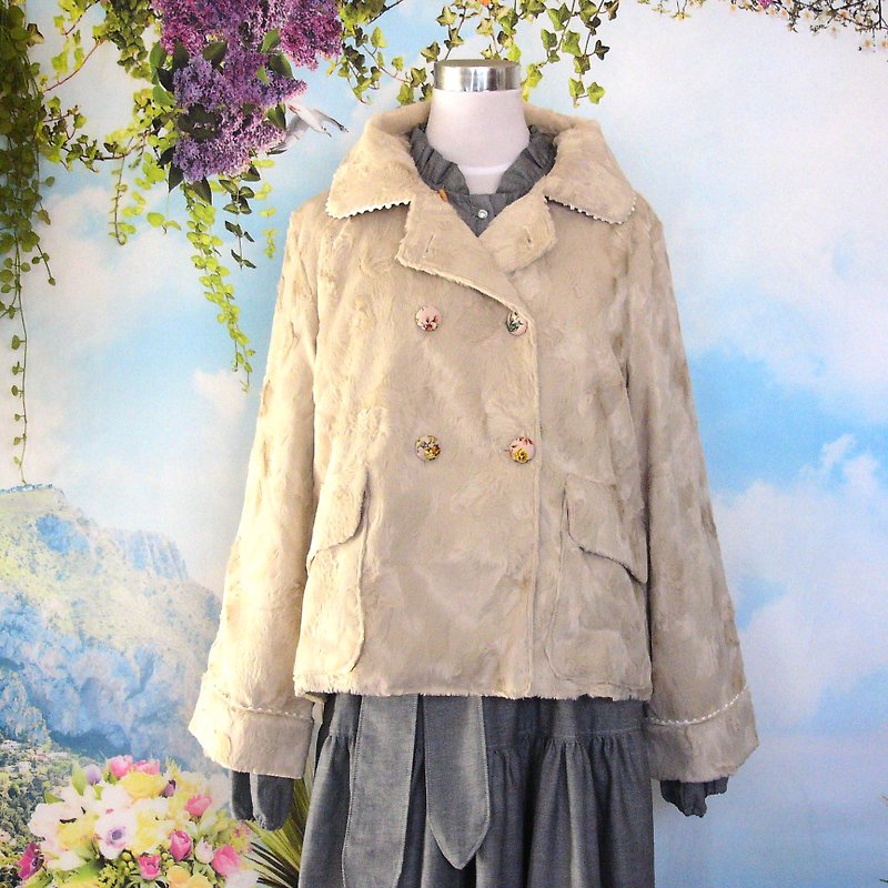 Soft beige eco-fur double jacket - เสื้อแจ็คเก็ต - ผ้าฝ้าย/ผ้าลินิน สีกากี